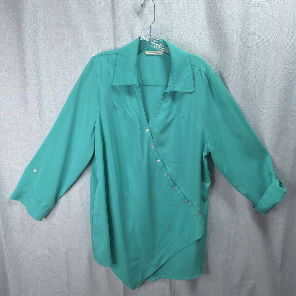 Lagenlook Tencel Tunic Blouse Asymmetrical Button Wrap Shirt Teal Green Boho XL